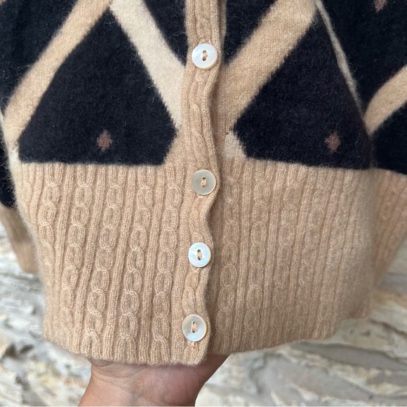CASHMERE CARDIGAN INTARSIA BLACK/BONE/BEIGE size Small - Picture 5 of 7